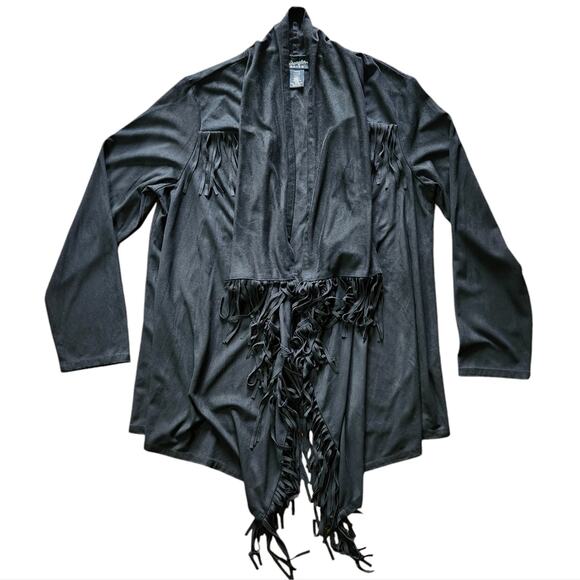 Wrangler Retro drape front cardigan with fringe black faux suede size L - Picture 1 of 8